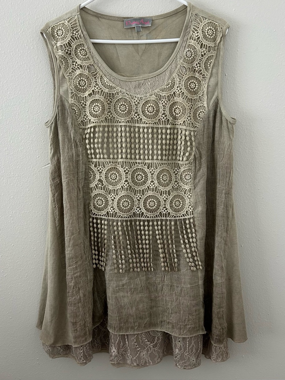 Pretty Angel Layered Tunic Top Dress L Boho Crochet Lace Fringe Artsy Linen Blen